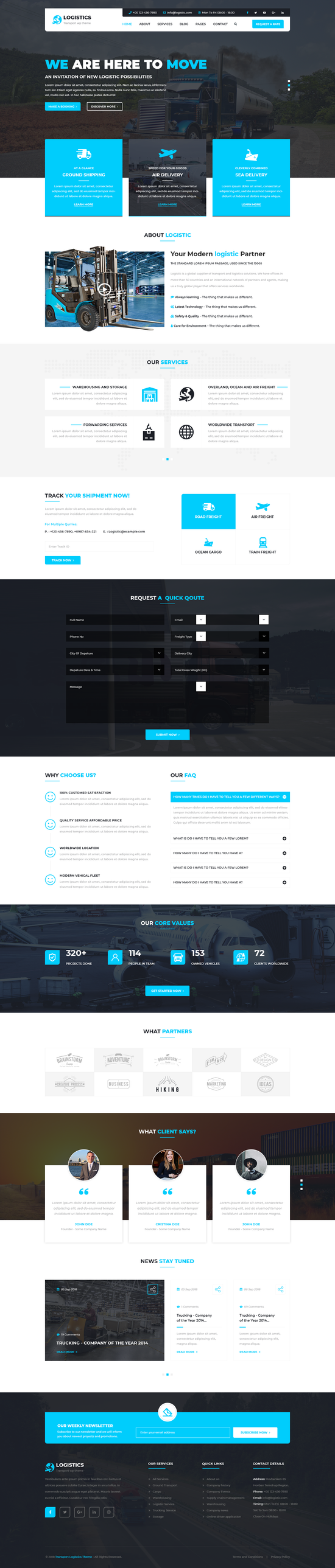 Logistics and transport WordPress theme homepage template design preview